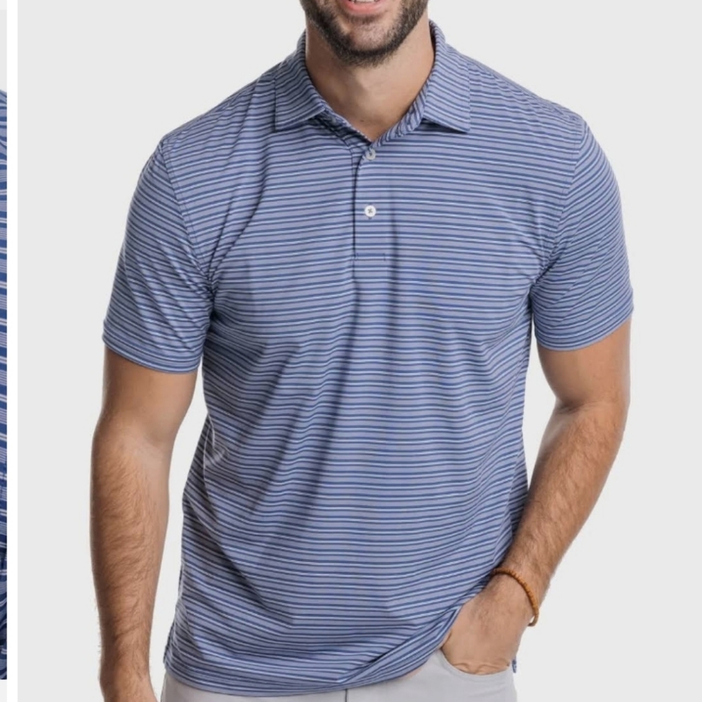 SOUTHERN TIDE BRREEZE BOWEN STRIPE PERFORMANCE POLO IN AGED DENIM XL